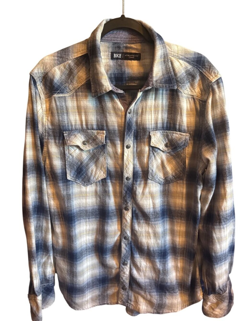BKE Mens Athletic Fit Plaid Flannel Western Shirt Large Pearl Snap Lumberjack